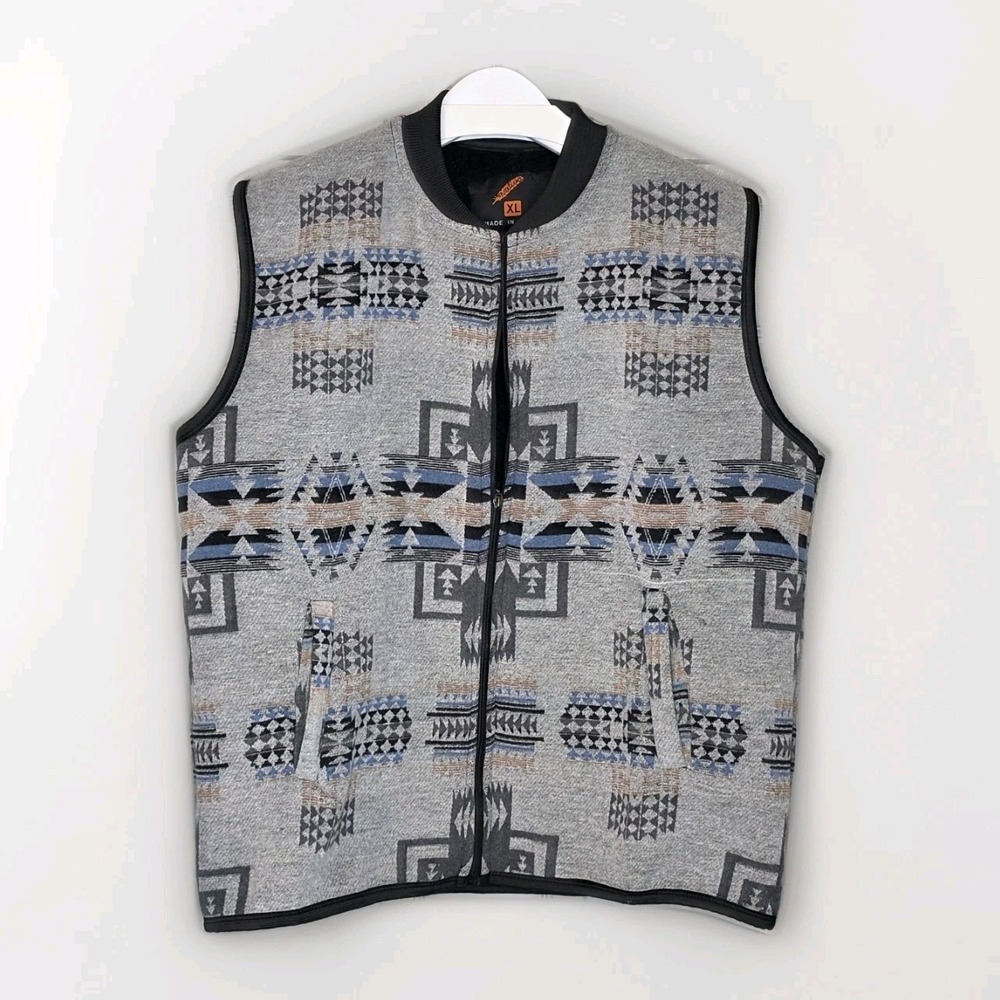 Native Westen Aztec Tribal Grey Blue Pattern Printed Vest Men X-Large Fleece
